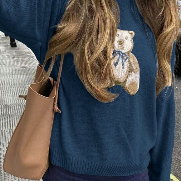 Dark Blue Casual Womens Cute Cartoon Bear Round Neck Long Sleeve Knitted Sweater - Picture 2 of 7